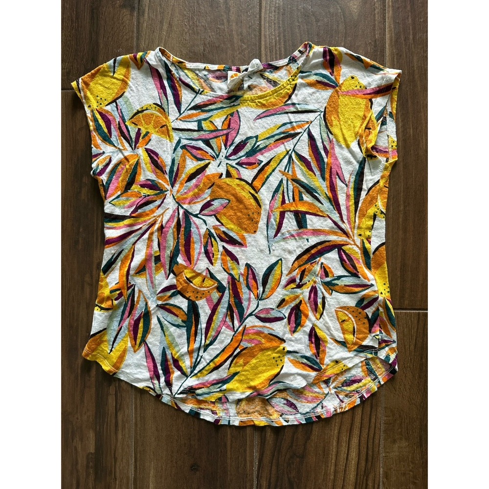 C&C California Womensβ Large 100% Linen Tropical Fruit Palm Print Top Yellow L